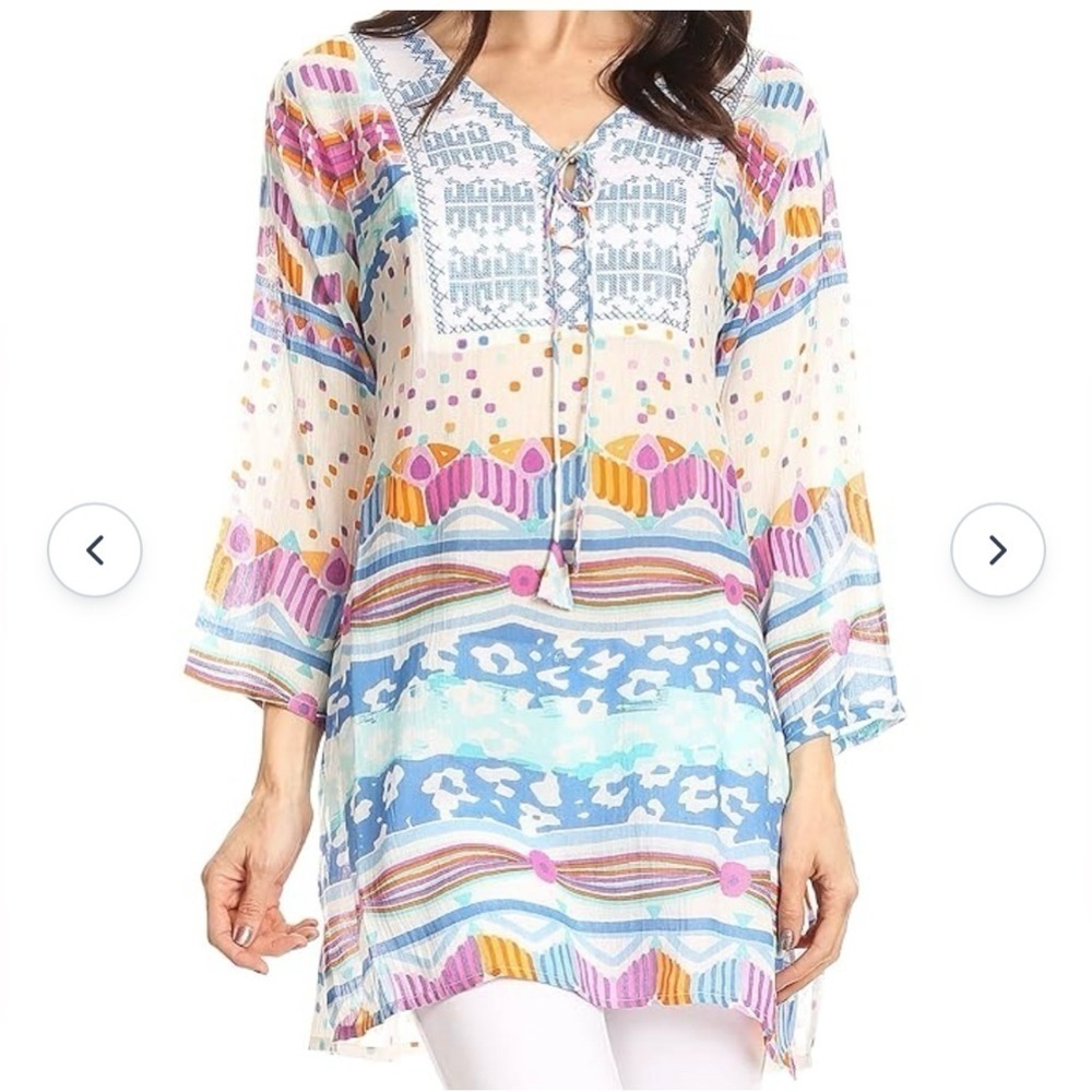 NWT Sakkas Carina Tie Front 3/4 Sleeve Tunic with Cross Stitch Embroidery